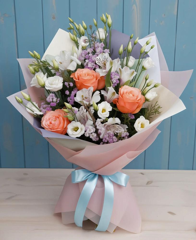 Букет цветов из: Лизиантусы, Розы, Альстромерии и Гипсофила в Михайловской Слободе