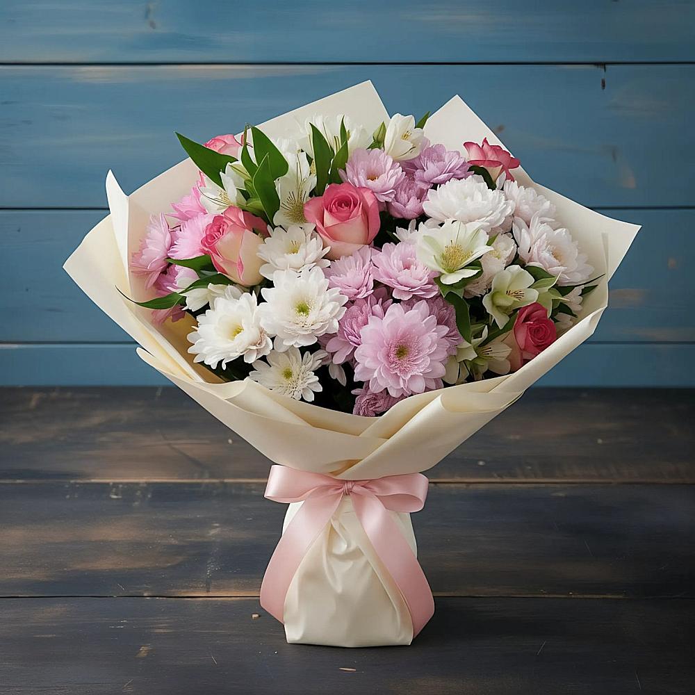 Букет цветов из: Хризантемы, Альстромерии и Розы в Михайловской Слободе